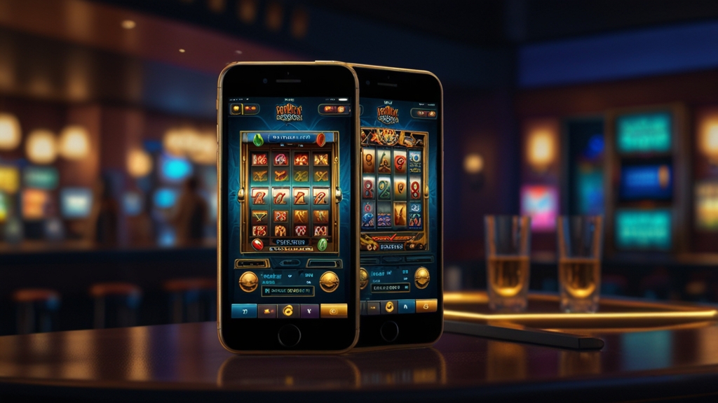 Smartphone showing Android and iPhone app installation screens in a casino setting