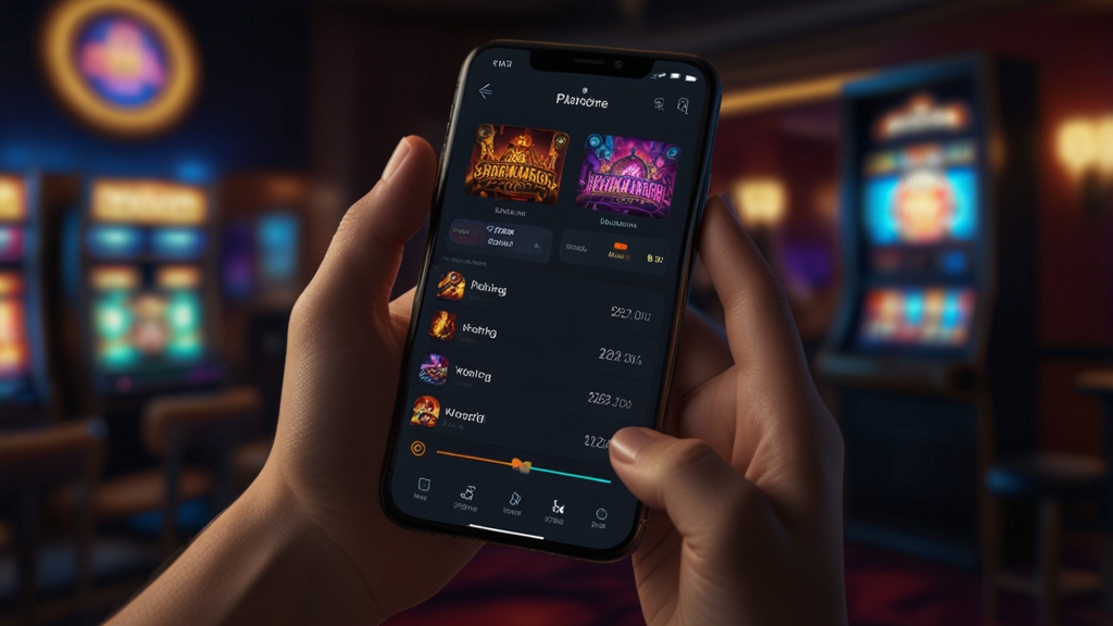 Mobile casino dashboard with login and navigation icons in a neon casino environment