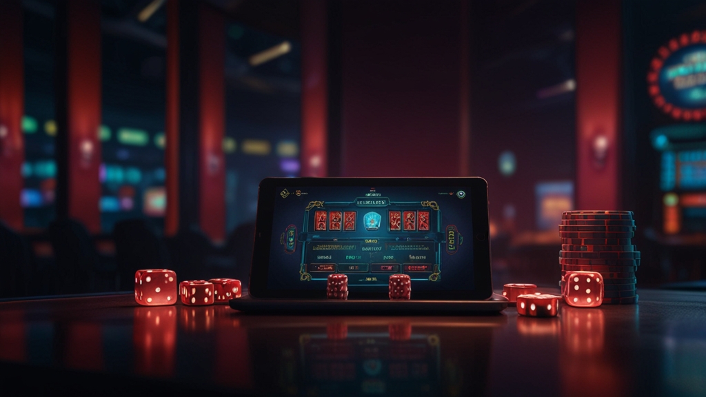Casino sign-up form on a tablet with neon verification icons in a dark setting