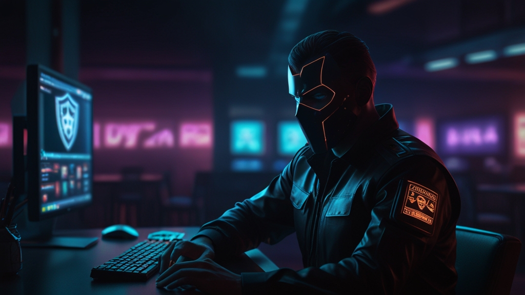 Secure casino login screen with shield icon and player checking devices in a dark neon scene